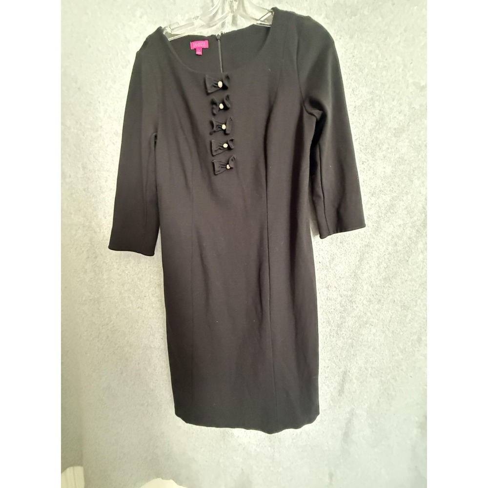 Talbots Dress Womens 8 Black Bow Button Scoop Neck 3/4 Sleeve Knit Sheath